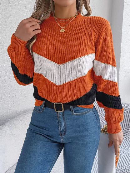 Chevron Stripe Color Block Round Neck Sweater