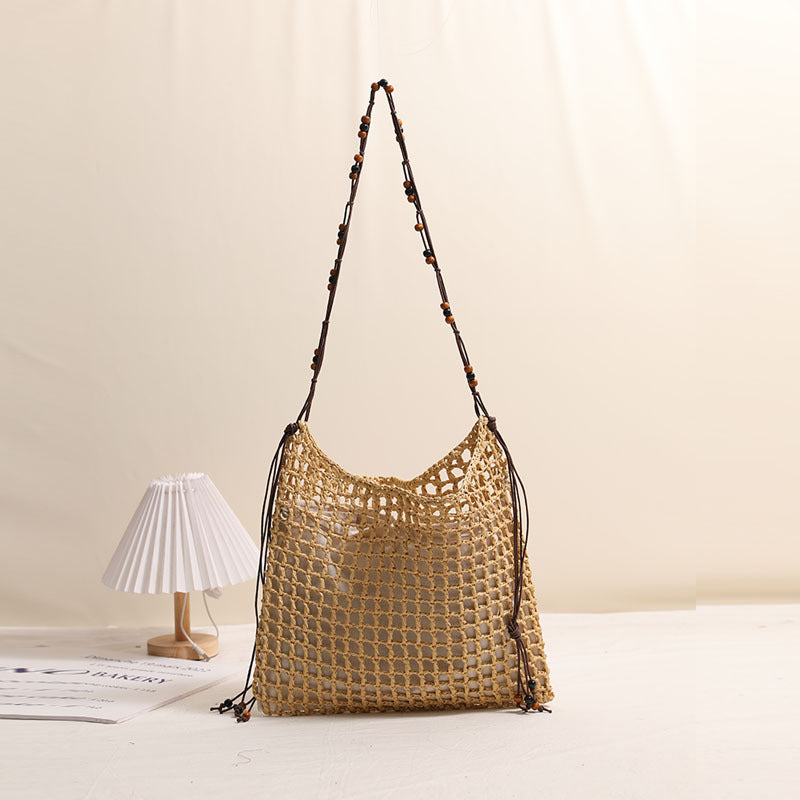 Summer Straw Woven Bag With Lace Up Pattern Suitable For Women Beach Vacation Beach Bag One Size Wooden Bead Net Pocket Coffee inside
