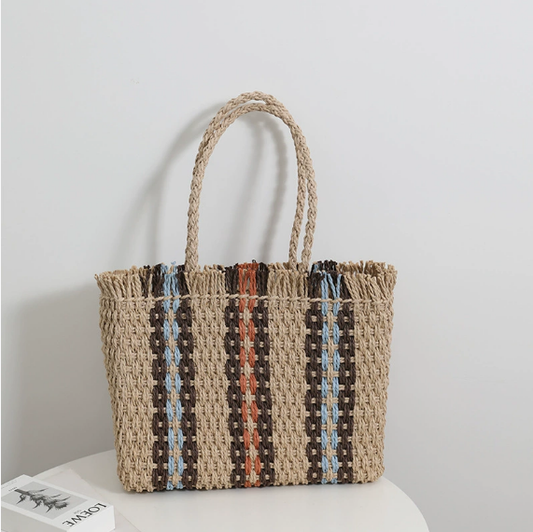 Vertical Stripes Straw Bag Woven Bag Women Simple Large Capacity Portable Shoulder Vacation Beach Bag One Size Vertical Bar Red Blue Orange