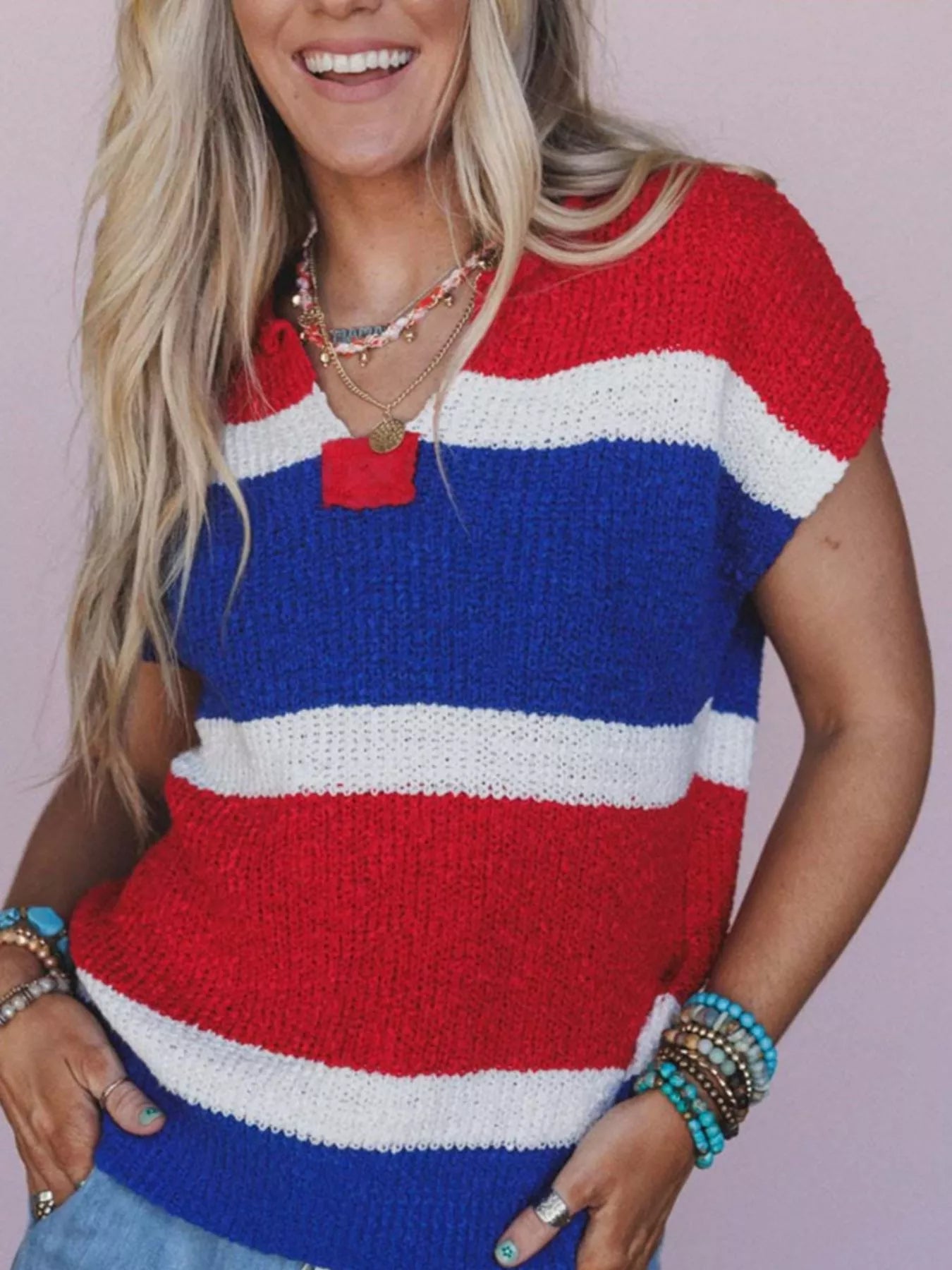 Striped Notched Short Sleeve Sweater Blue Red