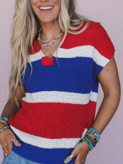 Striped Notched Short Sleeve Sweater Blue Red