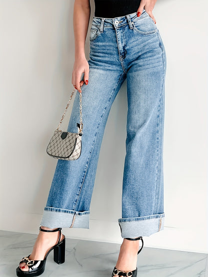 Women Straight Wide Leg Pants with Curling Denim Trousers Light Blue