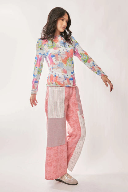 Davi & Dani Multi Printed Mesh Round Neck Long Sleeve Top