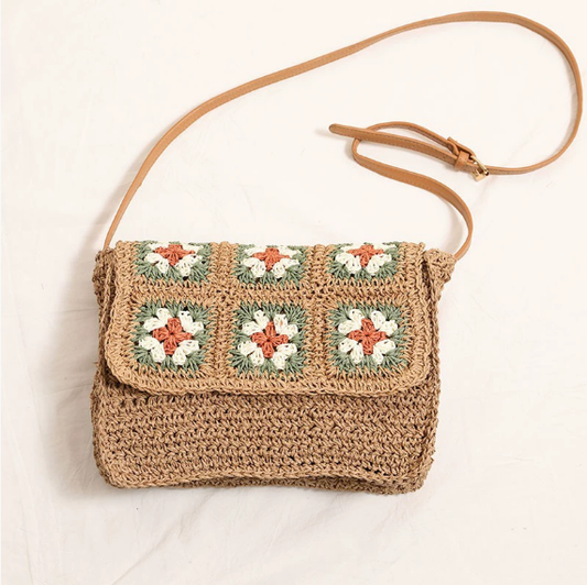 Floral Crossbody Straw Bag One Shoulder Flap Woven Bag Vacation Beach Bag Niche Women Bag One Size Flip Grandmother Grid