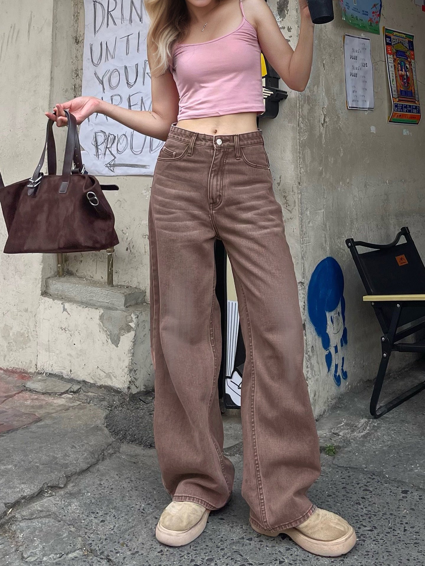 Non Elastic Wide Leg Three Dimensional Cat Beard Denim Candy Color Brown Colored Trousers Light Brown