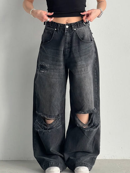 Women Loose Large Ripped Waist Adjustable Wide Leg Denim Trousers Black
