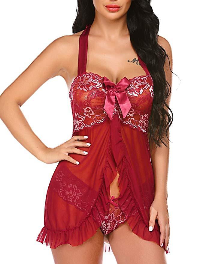 Sexy Lingerie plus Size Sexy Lace Stitching Mesh Transparent Halter Bow Ultra Short Pajamas Red
