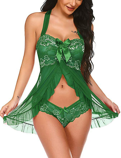 Sexy Lingerie plus Size Sexy Lace Stitching Mesh Transparent Halter Bow Ultra Short Pajamas Green