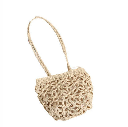 Hollow Out Cutout Floral Shoulder Straw Bag Summer Handmade Straw Bag Woven Bag Vacation Beach Bag Women Bag One Size Spherical Flower Rice