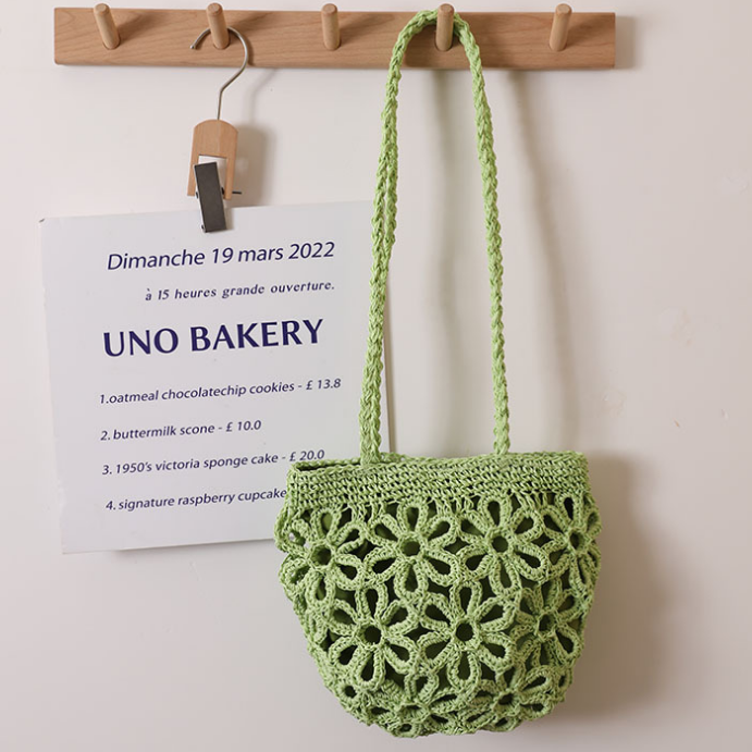 Hollow Out Cutout Floral Shoulder Straw Bag Summer Handmade Straw Bag Woven Bag Vacation Beach Bag Women Bag One Size Spherical Flower Green