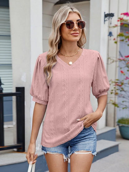 Eyelet V-Neck Puff Sleeve Casual Top