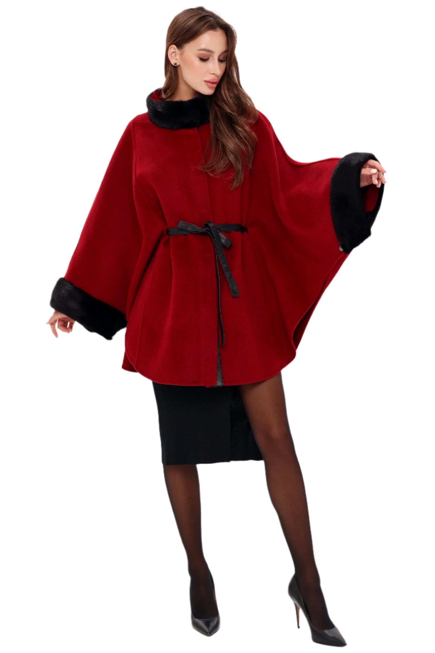 Genuine Scandinavian Mink Fur Double Face Wool Poncho Burgundy