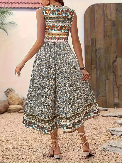 Plus Size Floral Print Sleeveless Midi Dress