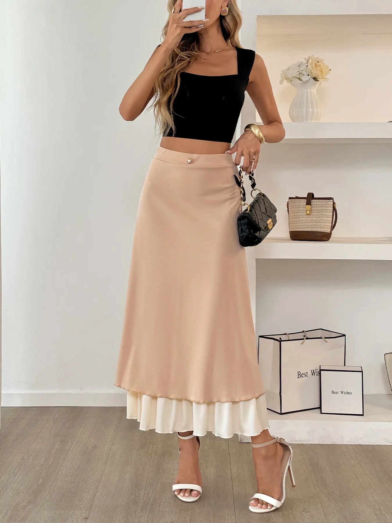 Layered Midi Skirt with Contrast Hem Detail