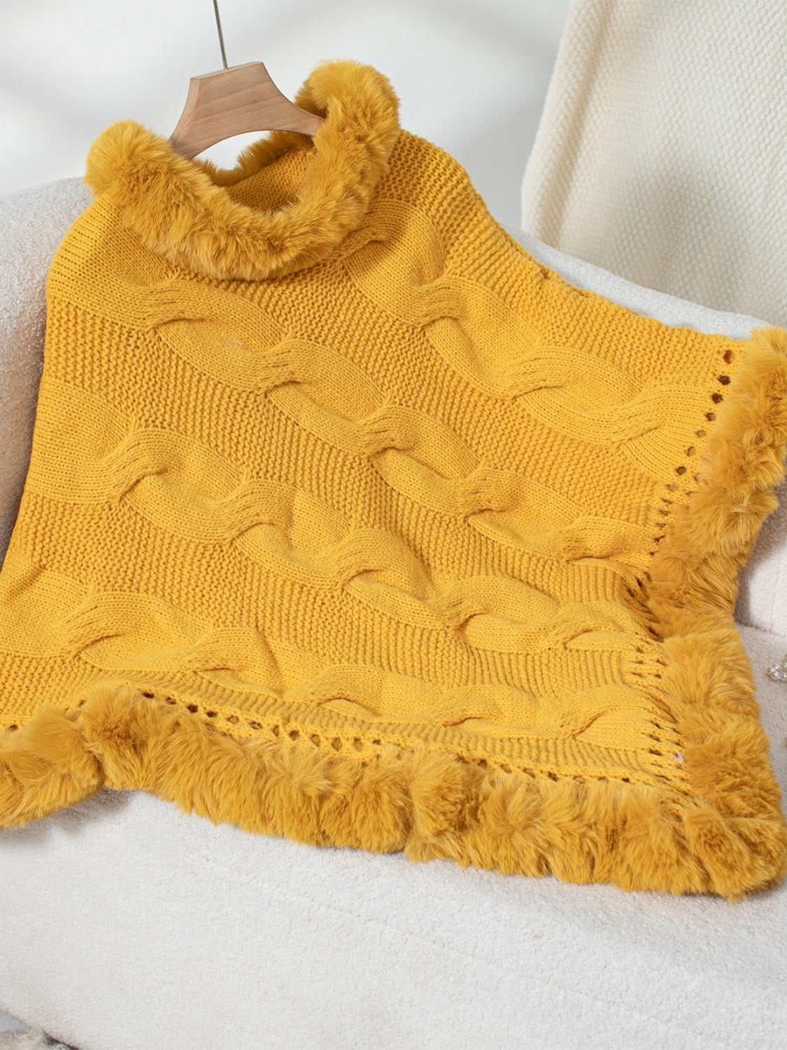 Fuzzy Hem Cable-Knit Poncho Gold One Size