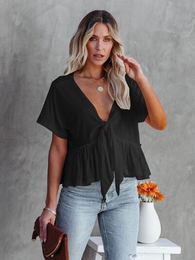 Tied Plunge Short Sleeve Blouse Black