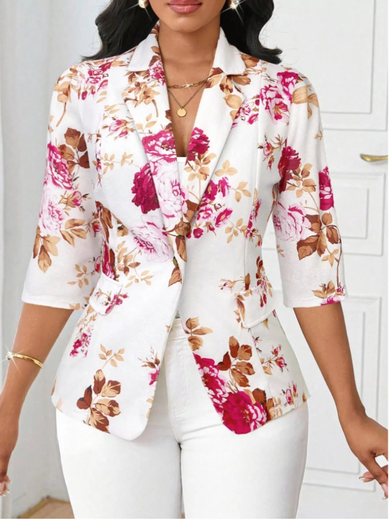 Floral Print One Button Casual Blazer