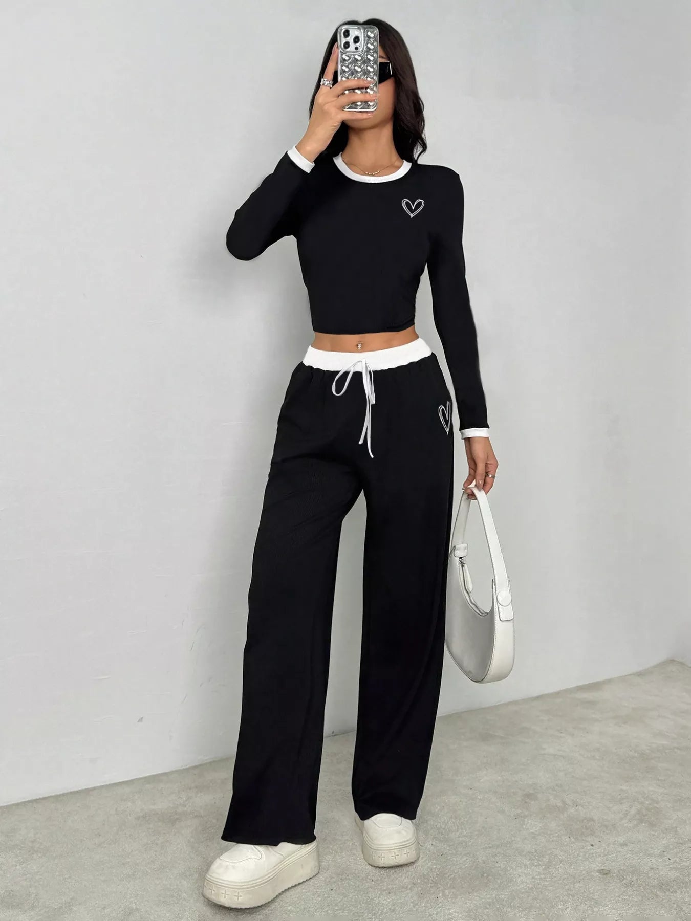 Contrast Trim Crop Top and Wide Leg Pants Set