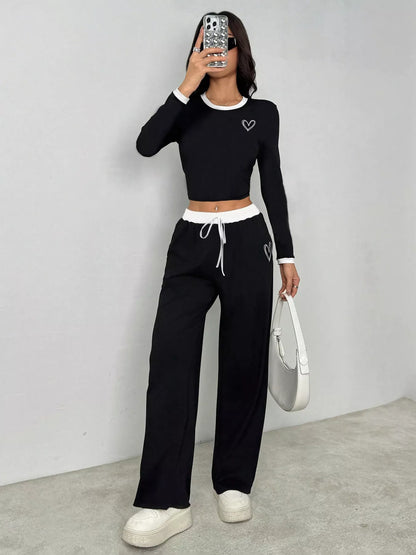 Contrast Trim Crop Top and Wide Leg Pants Set