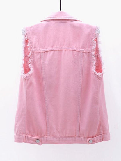 Full Size Button Down Raw Hem Sleeveless Denim Jacket Plus Size
