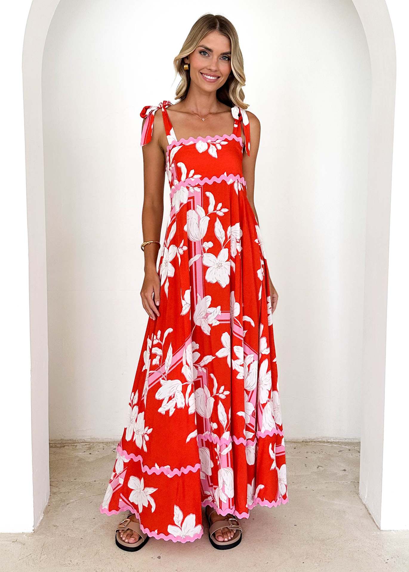 Floral Wave Halter Dress - Spaghetti Strap A-Line Maxi Dress with Tie Details