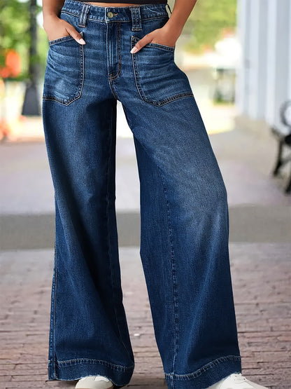 Ladies Stretch Outer Pocket Straight Wide Leg Denim Trousers royal blue
