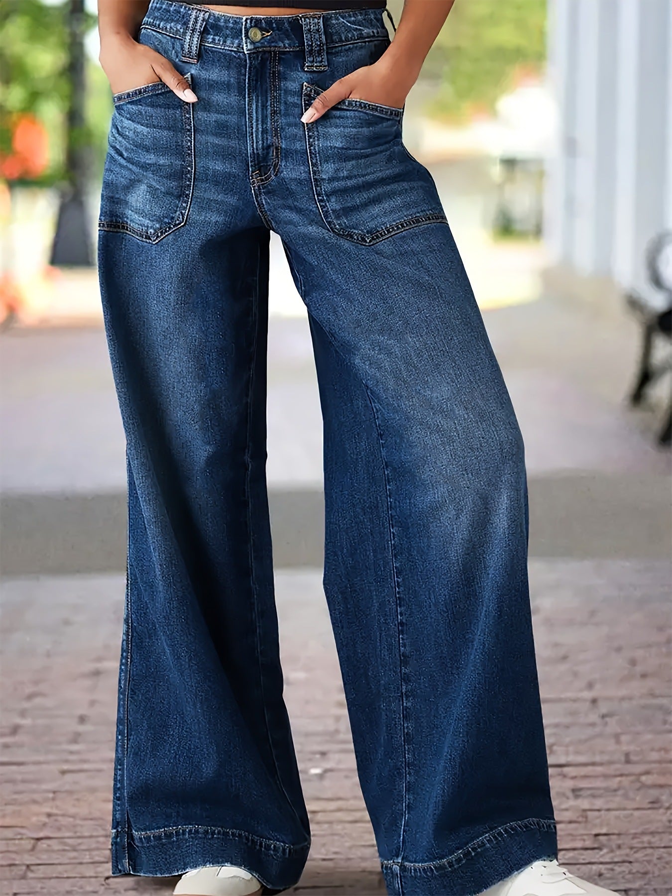 Ladies Stretch Outer Pocket Straight Wide Leg Denim Trousers royal blue