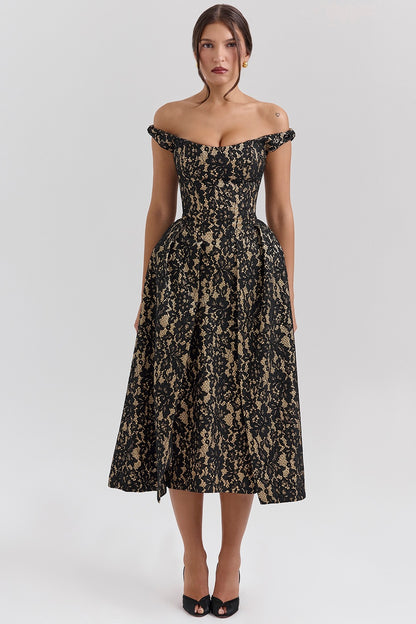 Off Shoulder Dress - Backless Floral Print Midi Dress with Waist Detail Black