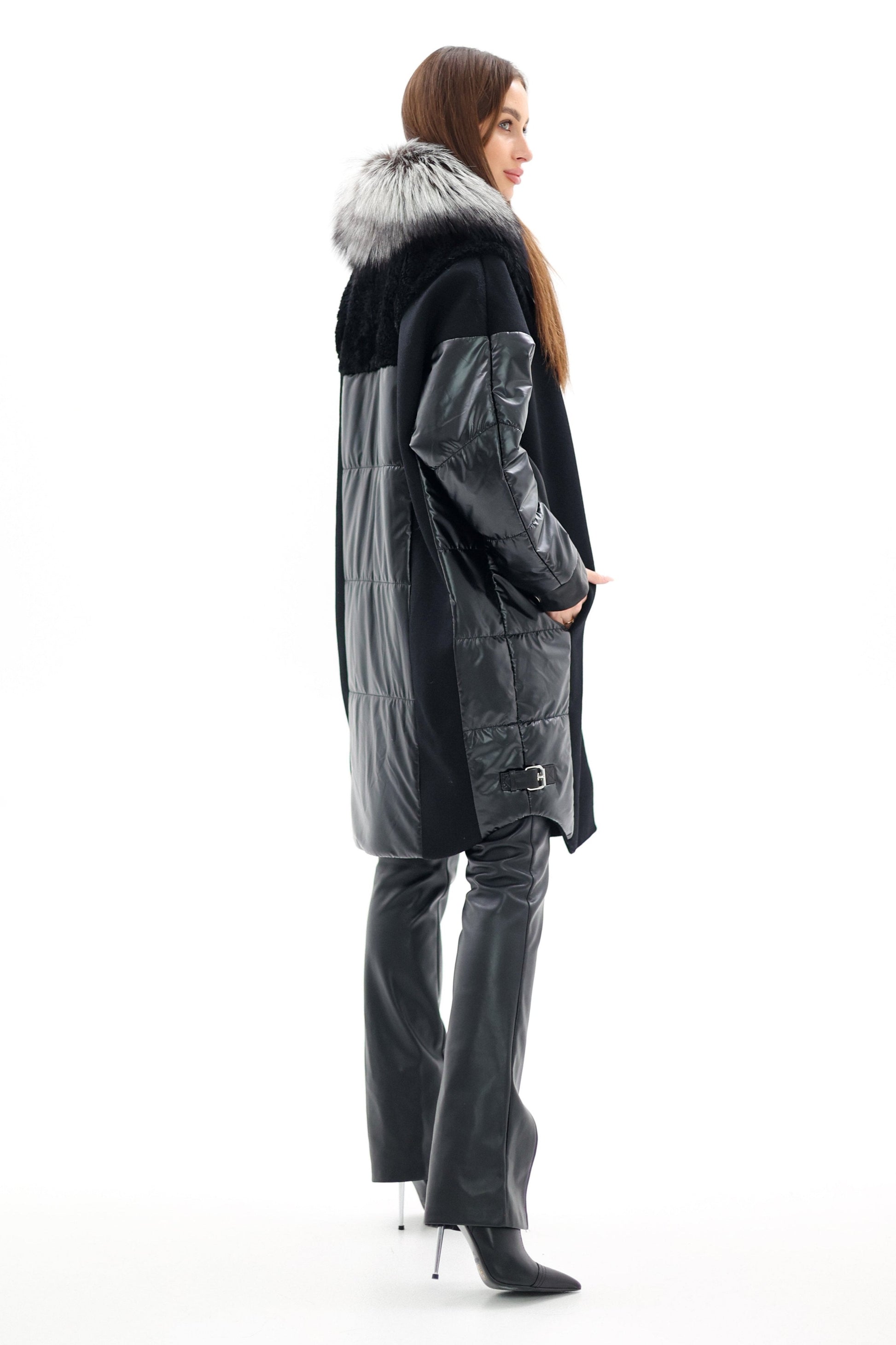 Genuine Silver Fox Fur Italian Cashmere Wool Freudenberg Comfortemp® Coat