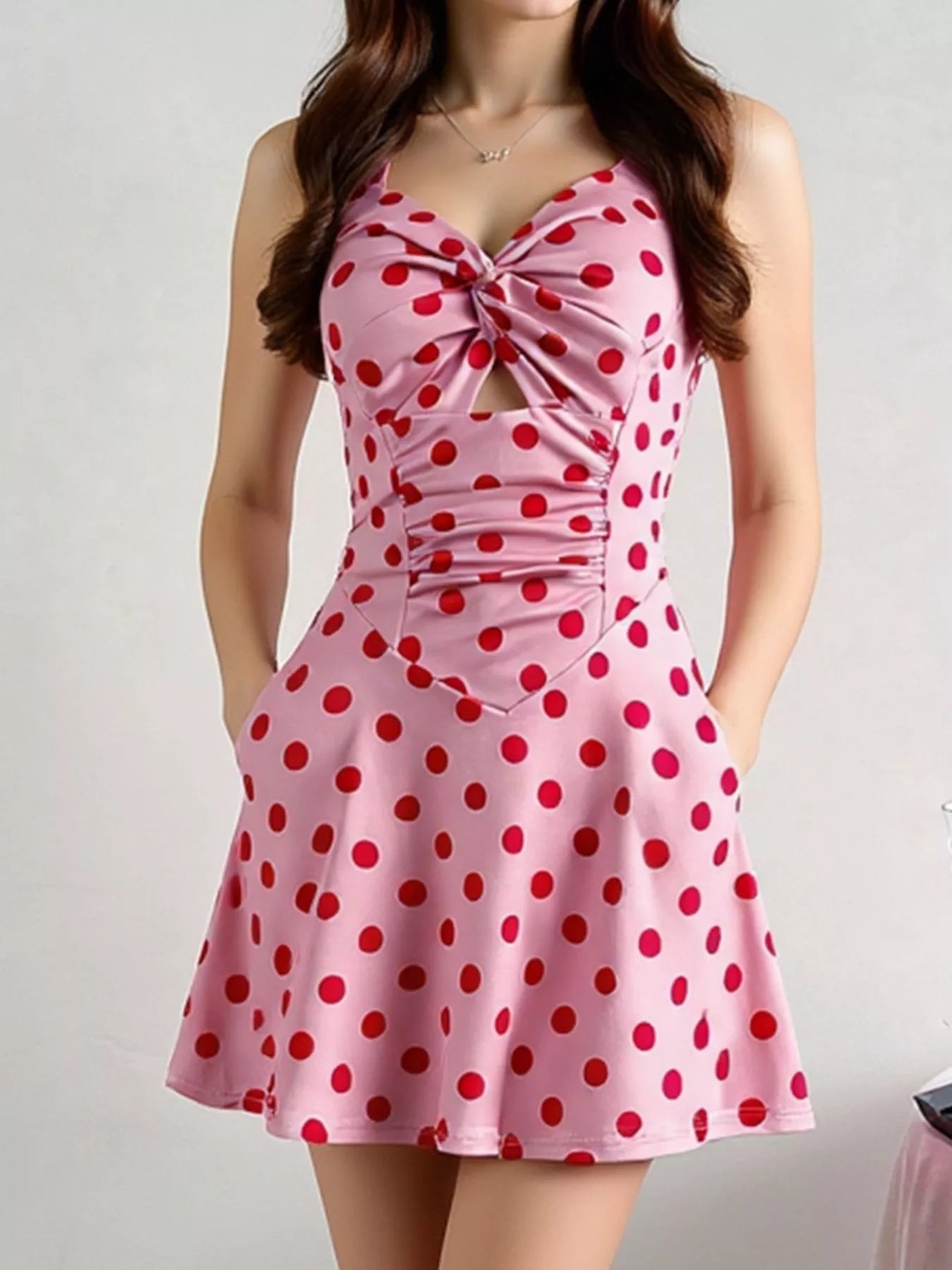 Polka Dot Halter Neck Twisted Front Mini Dress