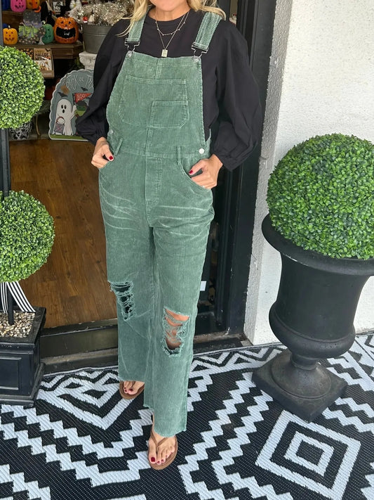 Distressed Wide Leg Corduroy Overalls Green