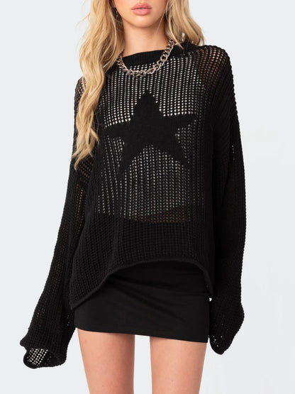 Star Round Neck Long Sleeve Knit Top Black One Size