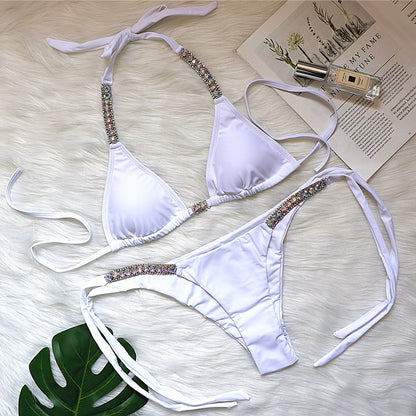 Solid Color Sexy Lace Up Swimsuit Luxury Rhinestone Swimsuit Bikini White