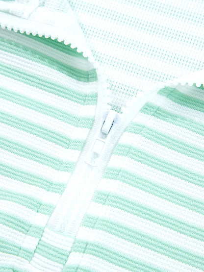 Stripe Quarter Zip Collar Long Sleeve Top