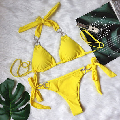 Bikini Bright Crystal Bikini Solid Color Lace-up Swimsuit High-End Sexy Women Bandage Swimsuit Yellow