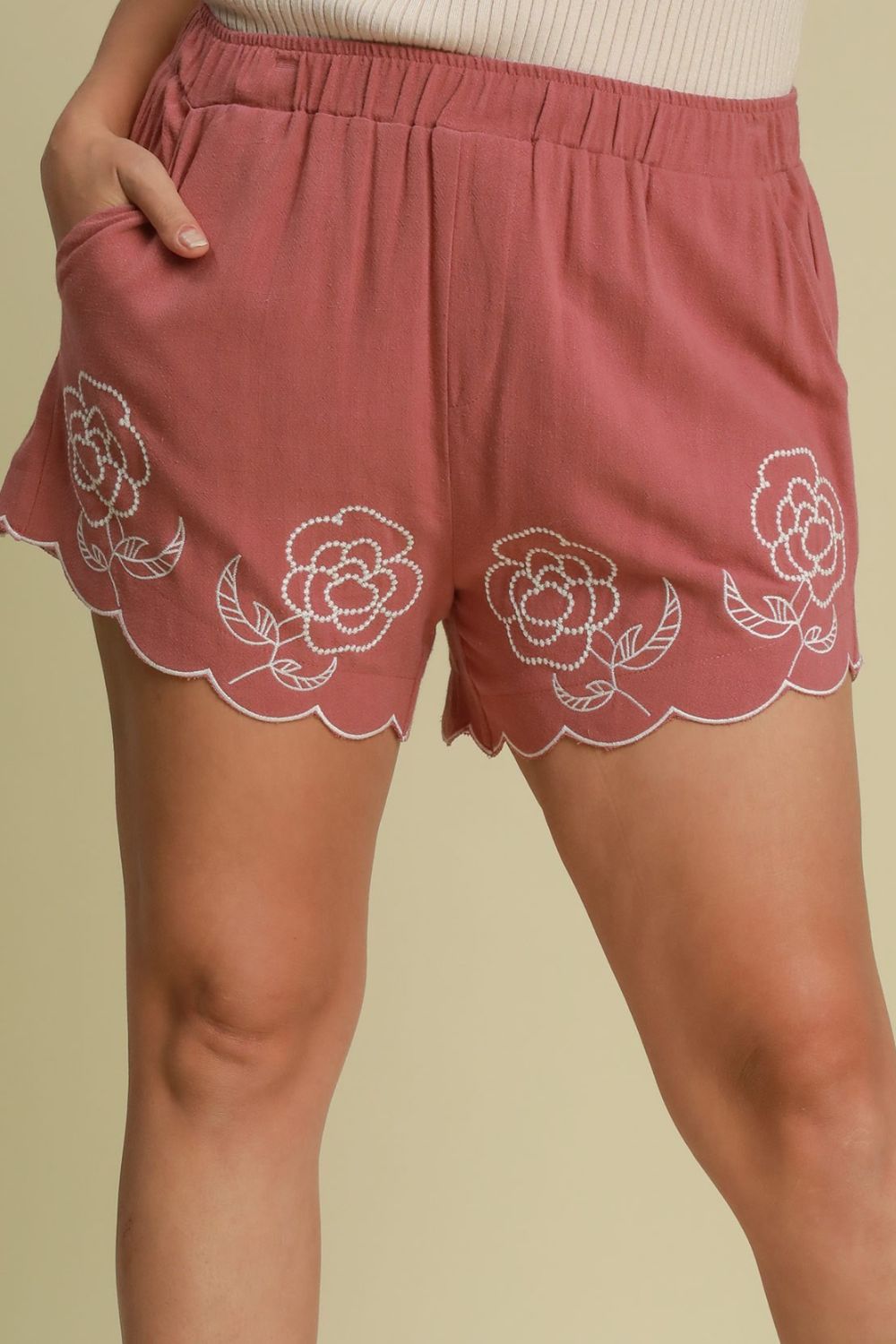 Umgee Full Size Linen Blend Shorts with Floral Embroidered Details Plus Size