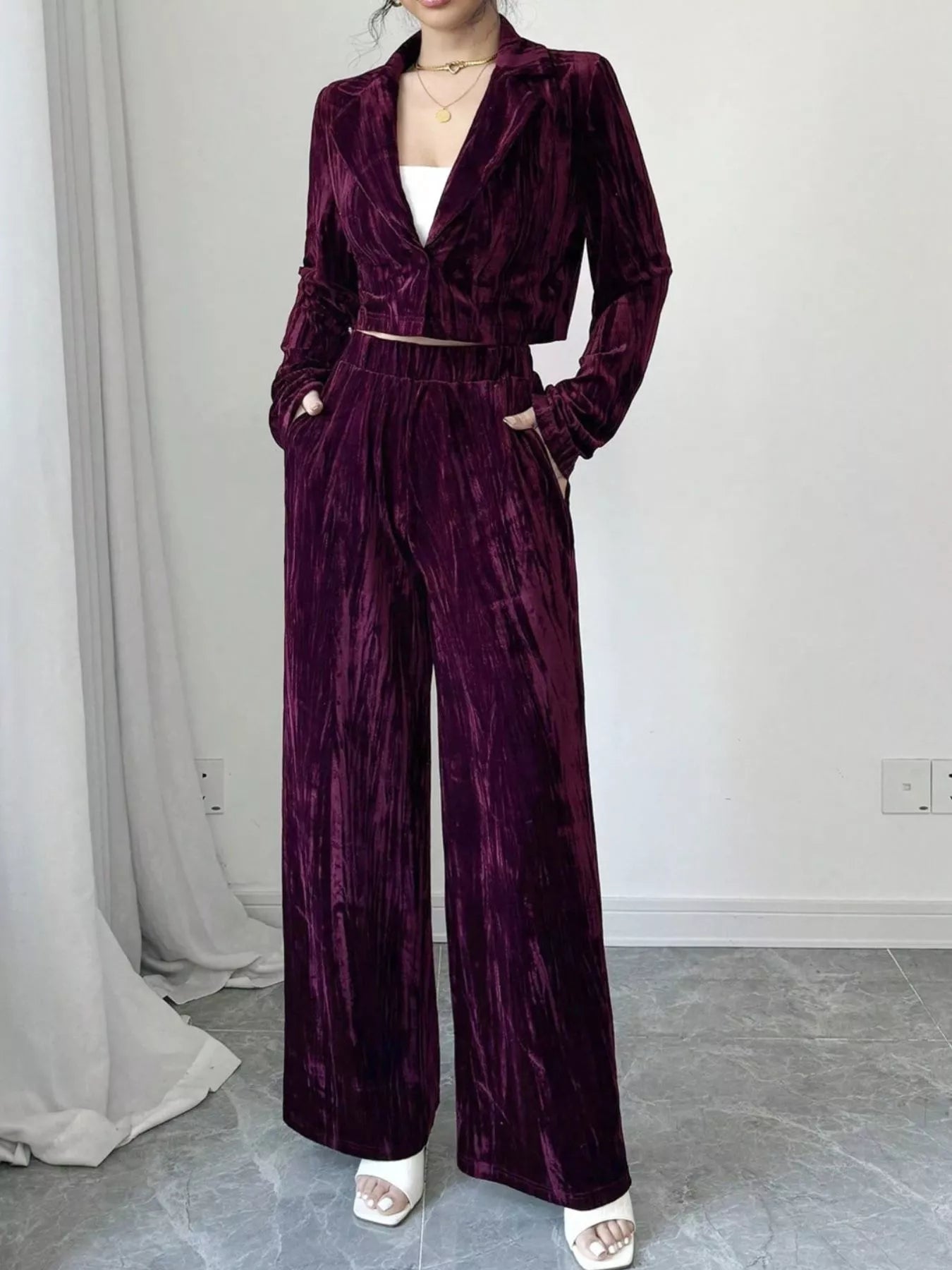 Pleated Velvet Blazer & Wide Leg Pants Set