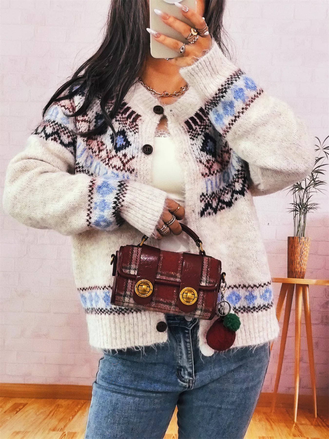 Geometric Pattern Button Up Long Sleeve Cardigan