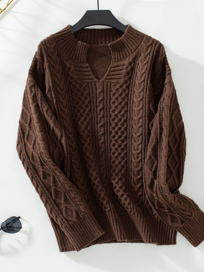 Cable-Knit Notched Long Sleeve Sweater Chocolate