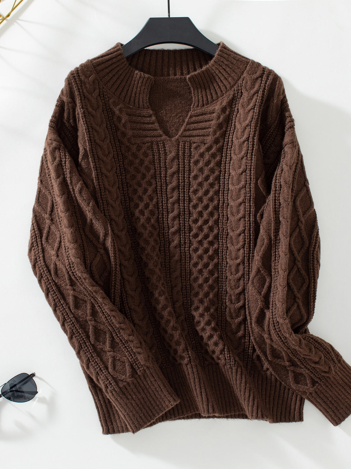 Cable-Knit Notched Long Sleeve Sweater Chocolate