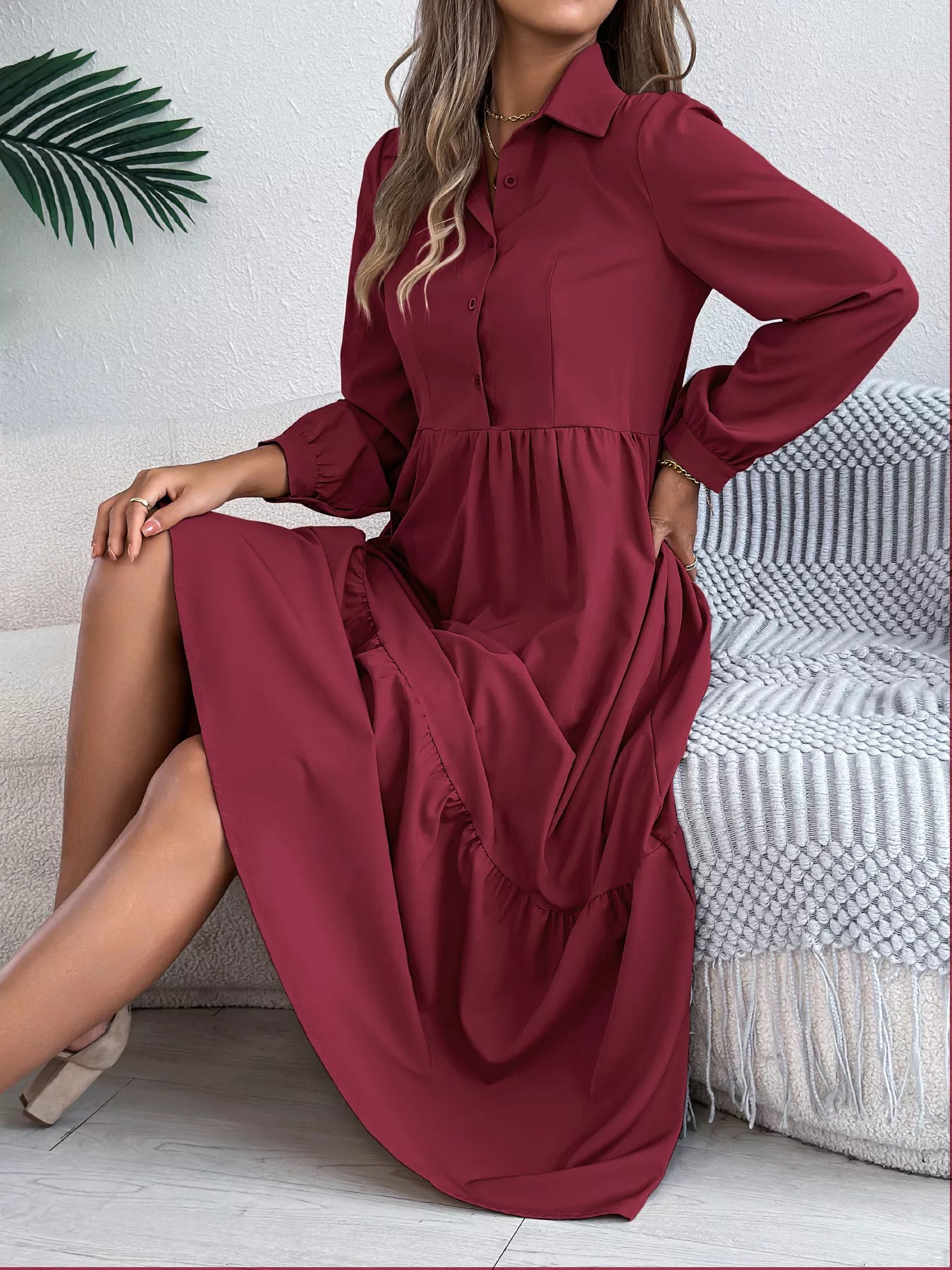 Long Sleeve Tiered Button Front Midi Dress