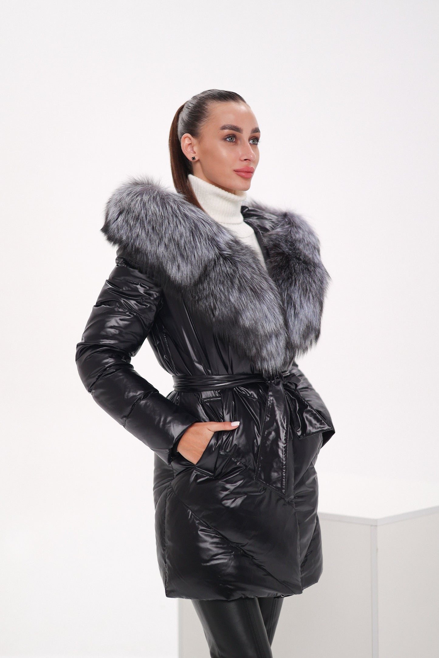 Genuine Silver Fox Fur Down Fill Coat