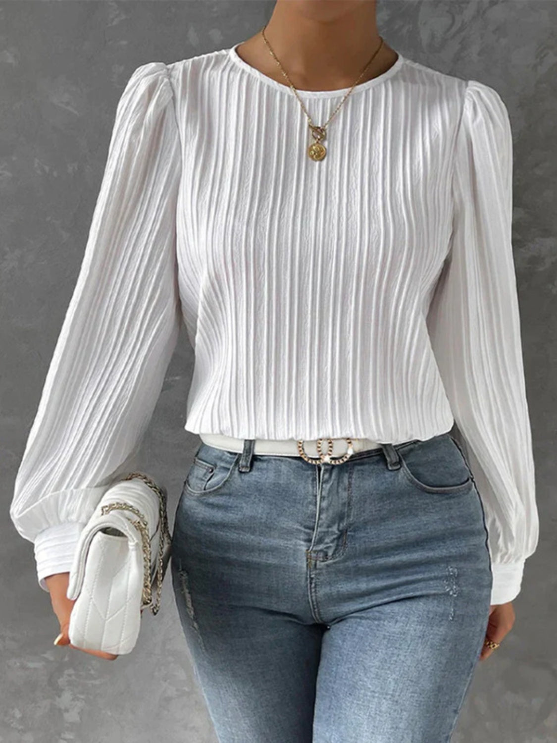 Round Neck Long Sleeve Blouse White