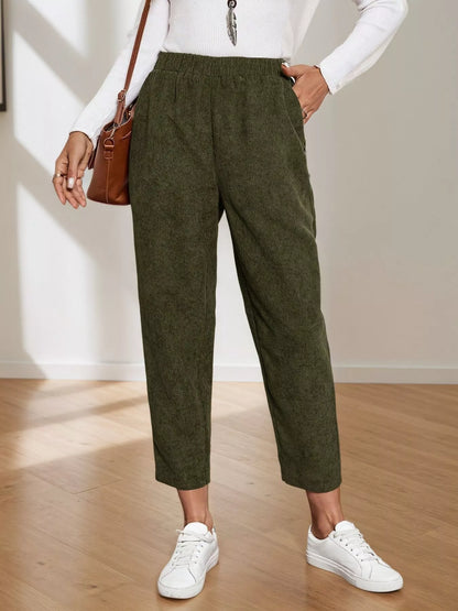 Corduroy Elastic Waist Cropped Pants Green