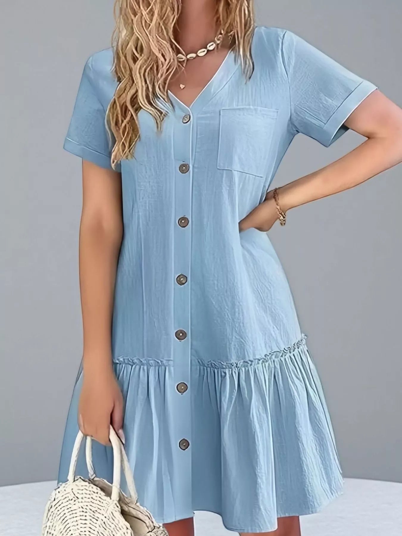 Full Size Button-Front Short Sleeve Tiered Dress Plus Size Light Blue