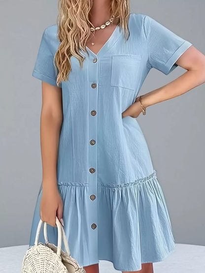 Full Size Button-Front Short Sleeve Tiered Dress Plus Size Light Blue