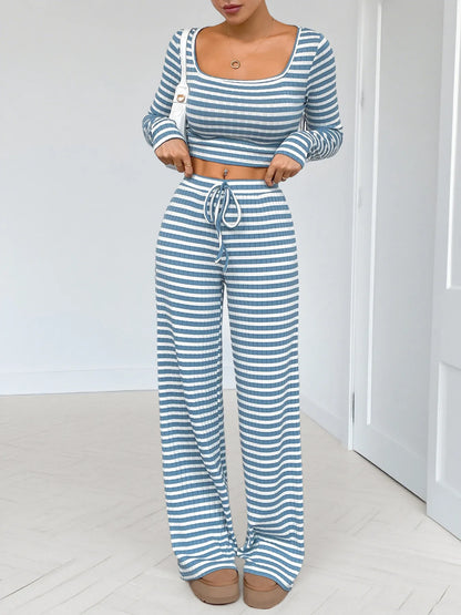 Striped Square Neck Long Sleeve Top and Pants Lounge Set