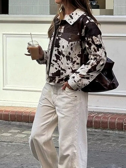 Cow Print Collared Neck Jacket