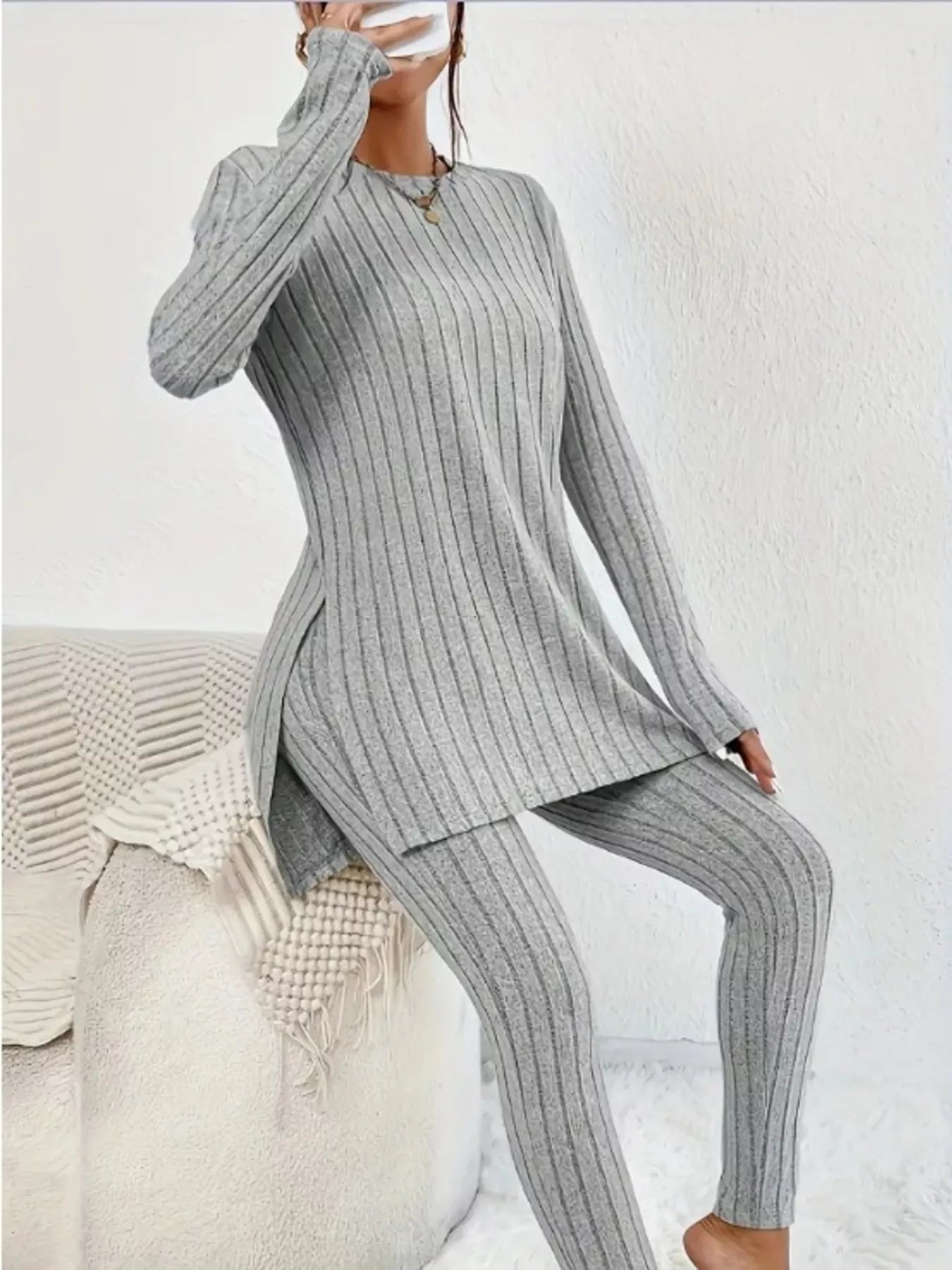 Side Slit Ribbed Top and Pants Set