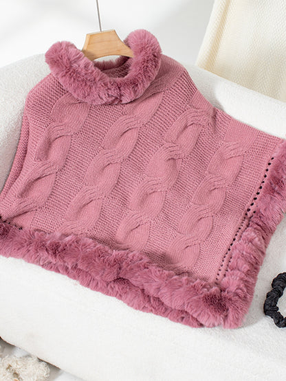 Fuzzy Hem Cable-Knit Poncho Dusty Pink One Size